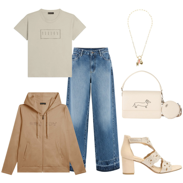 Outfit donna - Fine estate.... Abbinamento con sandali col tacco, jeans dritti, borse a tracolla, ciondoli, felpe con cappuccio, t-shirt.