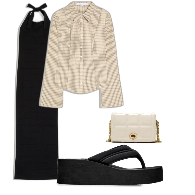 Outfit mujer - Casual #6064. Estilo Casual para Todos los días. Combinación con sandalias, camisas, vestidos midi/longuettes, bolsos de mano.