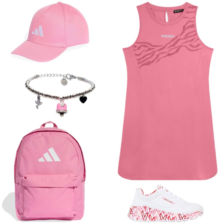 Outfit donna - Total look #2431050. Stile Sporty chic per Tutti i giorni. Abbinamento con vestiti corti, braccialetti, sneakers, zaini, cappelli con visiera.