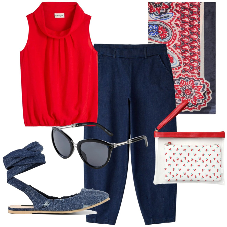 Outfit donna - Total look #2431051. Stile Casual per Tutti i giorni. Abbinamento con top, occhiali da sole, jeans, pochette, foulard, ballerine.