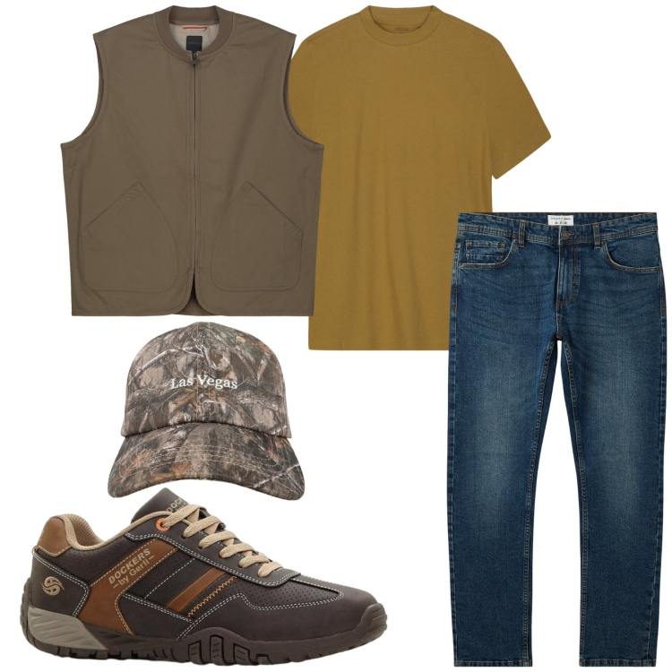Outfit uomo - Total look #2431052. Stile Urban per Tutti i giorni. Abbinamento con sneakers, cappelli con visiera, jeans, t-shirt, gilet.