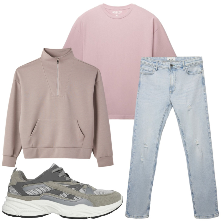 Outfit uomo - Total look #2431053. Stile Casual per Tutti i giorni. Abbinamento con sneakers, jeans strappati, felpe, t-shirt.