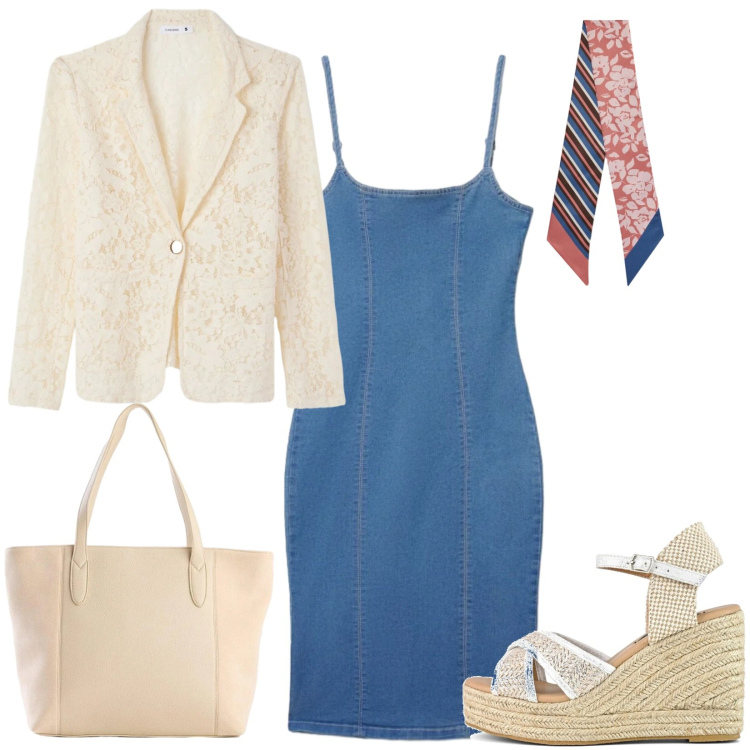 Outfit donna - Tubino in denim. Stile Casual per Ufficio. Abbinamento con shopping bag, vestiti midi/longuette, blazer, foulard, zeppe.