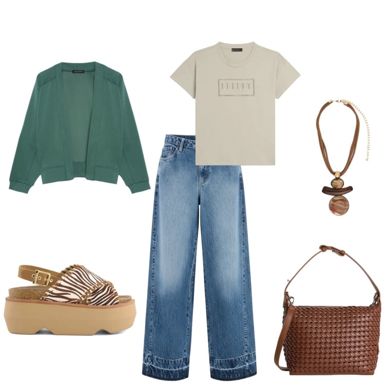 Outfit donna - Total look #2431055. Stile Casual per Tutti i giorni. Abbinamento con borse a spalla, t-shirt, ciondoli, felpe, jeans dritti, zeppe.