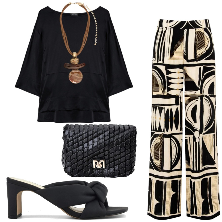 Outfit donna - Per tutte le occasioni. Stile Casual chic per Serata fuori. Abbinamento con pantaloni a palazzo, borse a tracolla, bluse, ciondoli, sandali col tacco.