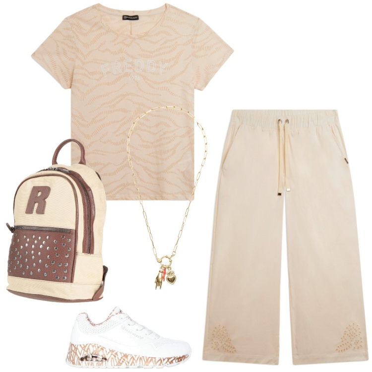 Outfit donna - Total look #2431057. Stile Sporty chic per Tutti i giorni. Abbinamento con zaini, t-shirt, pantaloni, ciondoli, sneakers alte.