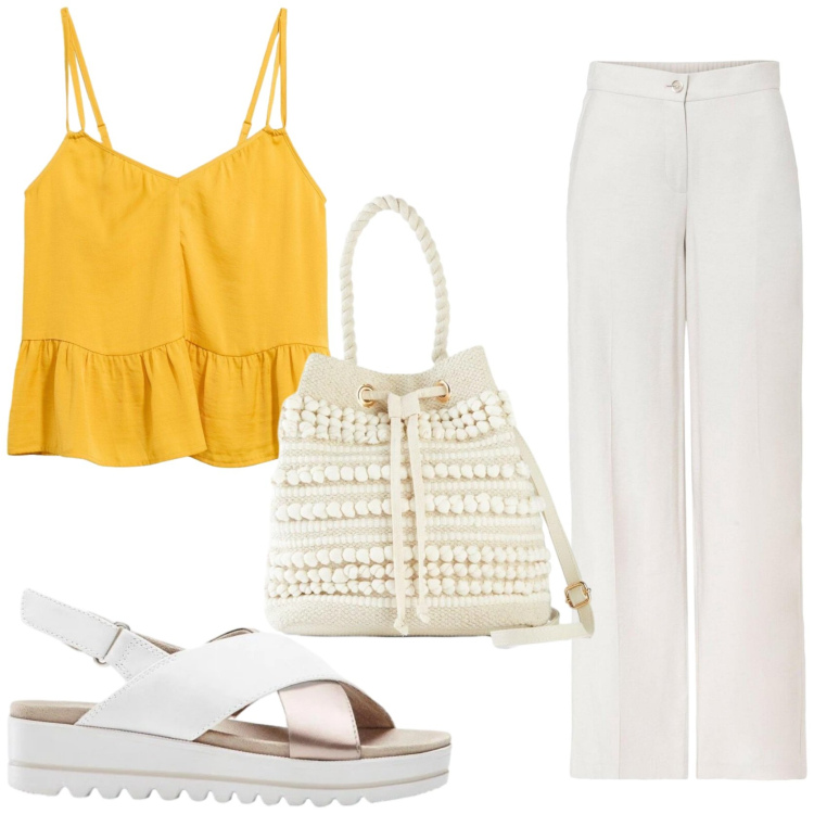 Outfit donna - Estate a colori. Stile Casual chic per Tutti i giorni. Abbinamento con top, borse a secchiello, pantaloni, sandali.