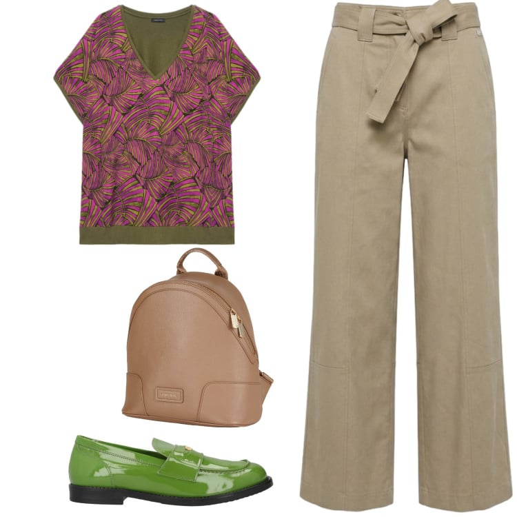 Outfit donna - Total look #2431060. Stile Trendy per Tutti i giorni. Abbinamento con zaini, mocassini, pantaloni, t-shirt.