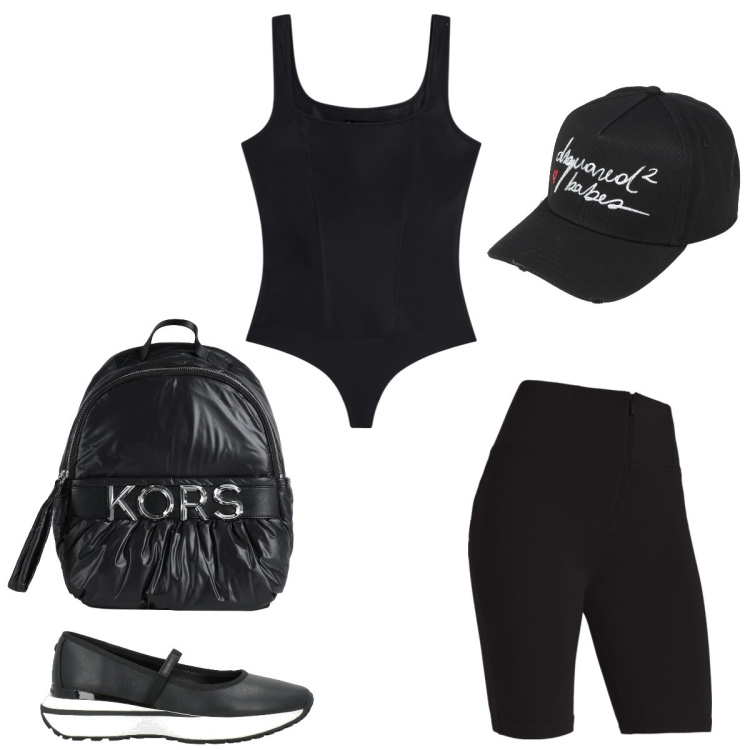 Outfit donna - Total look #2431063. Stile Sporty chic per Tutti i giorni. Abbinamento con ballerine, zaini, cappelli con visiera, shorts, top.