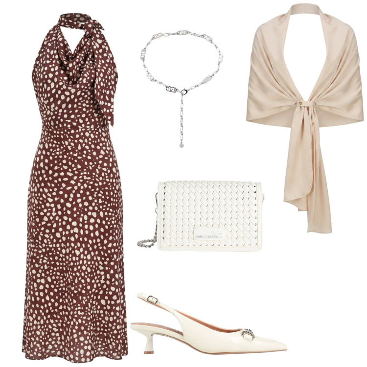 Outfit donna - Cocktail party sotto le stelle. Stile Chic per Serata fuori. Abbinamento con décolleté, borse a tracolla, cinture, vestiti midi/longuette, stole.
