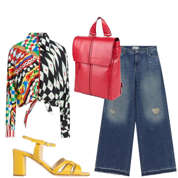 Outfit donna - Total look #2431066. Stile Trendy per Tutti i giorni. Abbinamento con camicie, zaini, sandali in pelle, jeans dritti.