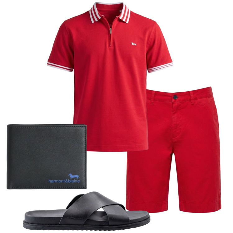 Outfit uomo - Total look #2431069. Stile Trendy per Mare. Abbinamento con portafogli, polo, bermuda, sandali.