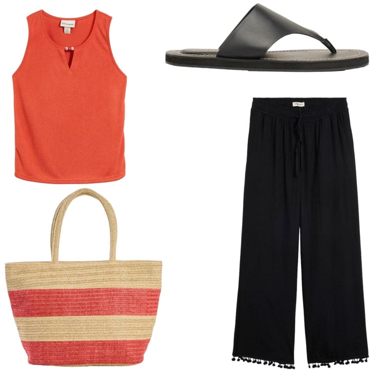 Outfit donna - In città. Stile Urban per Tutti i giorni. Abbinamento con canottiere, pantaloni, shopping bag, infradito.