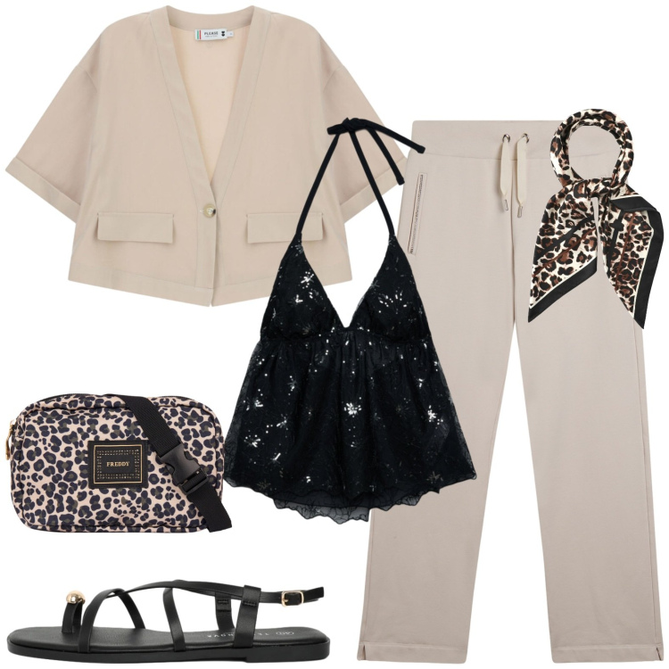 Outfit donna - Total look #2431072. Stile Glamour per Tutti i giorni. Abbinamento con foulard, top, sandali, cappotti, marsupi, pantaloni.
