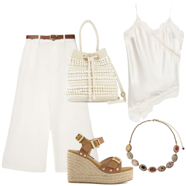 Outfit donna - Total look #2431073. Stile Trendy per Tutti i giorni. Abbinamento con borse a secchiello, pantaloni a palazzo, canottiere, collane, zeppe.