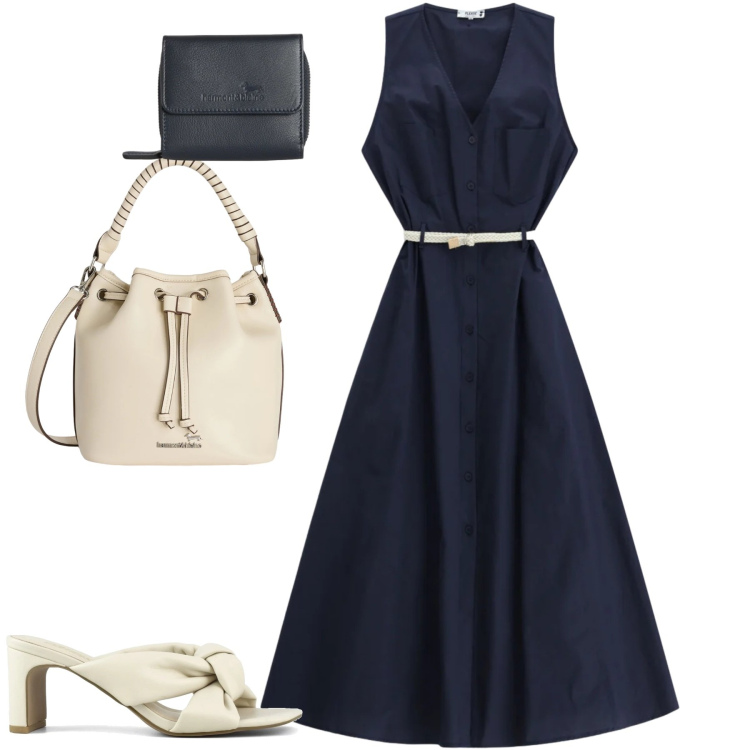 Outfit donna - In città. Stile Casual chic per Tutti i giorni. Abbinamento con portafogli, borse a secchiello, vestiti lunghi, sandali col tacco.