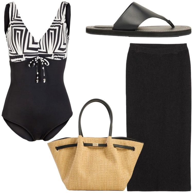 Outfit donna - Sofisticata in spiaggia. Stile Chic per Mare. Abbinamento con costumi interi, gonne, shopping bag, infradito.