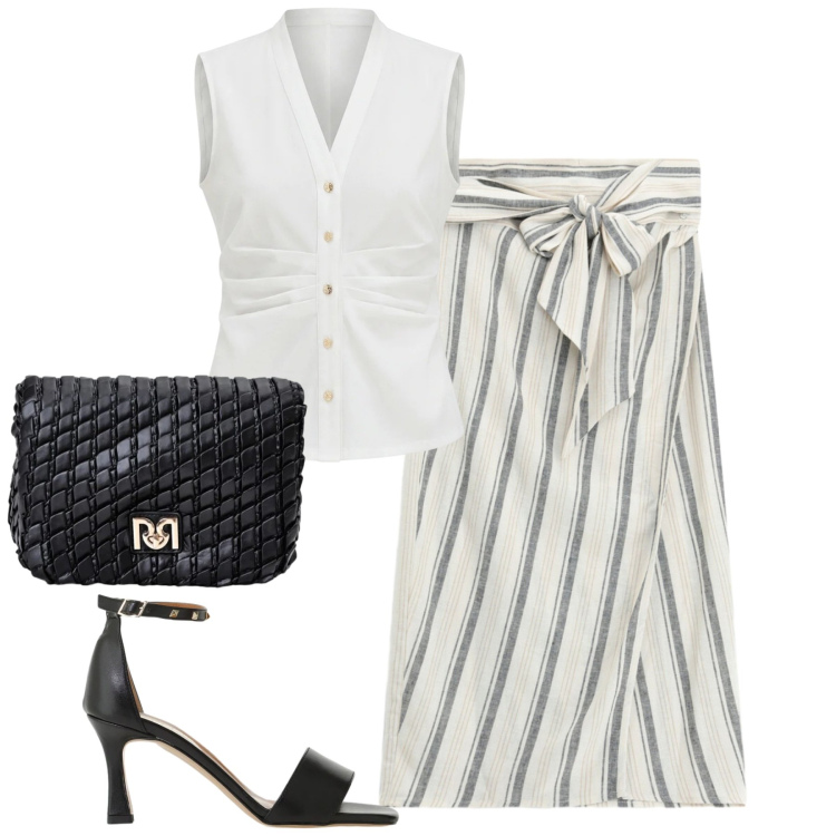 Outfit donna - City. Stile Casual chic per Tutti i giorni. Abbinamento con gonne longuette, camicie a manica corta, borse a tracolla, sandali col tacco.