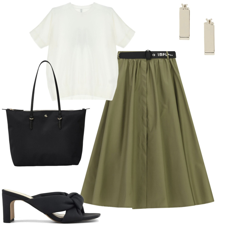 Outfit donna - In città. Stile Casual chic per Tutti i giorni. Abbinamento con t-shirt, gonne longuette, borse tote, orecchini, sandali col tacco.
