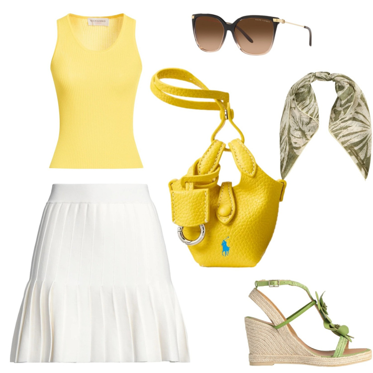 Outfit donna - Total look #2431081. Stile Casual chic per Tutti i giorni. Abbinamento con espadrillas, minigonne, top, portachiavi, occhiali da sole, foulard.