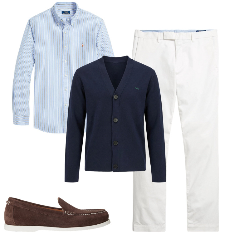 Outfit uomo - Ralph Lauren. Stile Urban per Tutti i giorni. Abbinamento con cardigans, camicie, pantaloni chino, scarpe stringate.