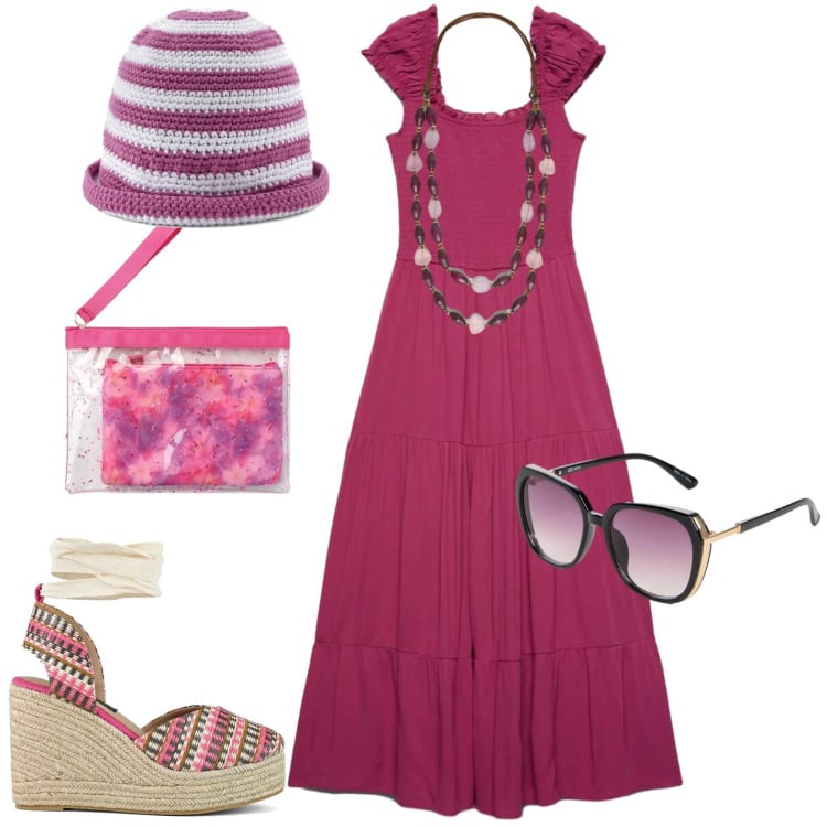 Outfit donna - Total look #2431084. Stile Glamour per Tutti i giorni. Abbinamento con occhiali da sole, pochette, vestiti lunghi, collane, zeppe, berretti.