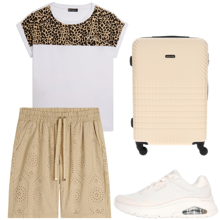 Outfit donna - Partenza per la Grecia. Stile Sporty chic per Tutti i giorni. Abbinamento con bermuda, t-shirt, sneakers, valigie.