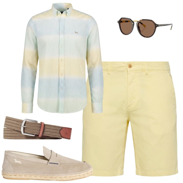 Outfit uomo - Aperitivo. Stile Trendy per Serata speciale. Abbinamento con espadrillas, bermuda, camicie, cinture, occhiali da sole.