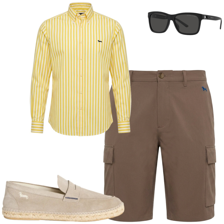 Outfit uomo - Luglio. Stile Casual per Tutti i giorni. Abbinamento con espadrillas, camicie, bermuda, occhiali da sole.