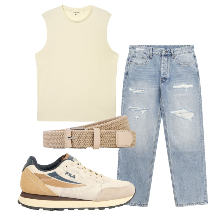 Outfit uomo - Total look #2431112. Stile Urban per Tutti i giorni. Abbinamento con sneakers, cinture, canottiere, jeans strappati.