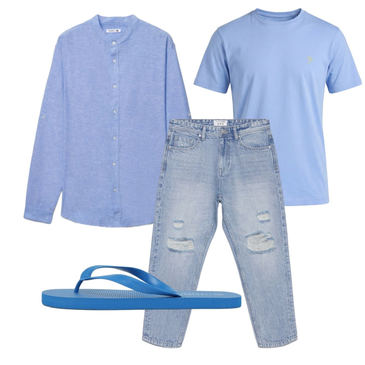 Outfit uomo - Total look #2431116. Stile Trendy per Tutti i giorni. Abbinamento con t-shirt, camicie, jeans strappati, sandali.
