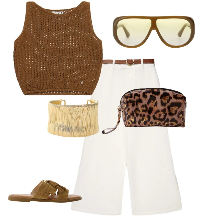 Outfit donna - Girl. Stile Trendy per Serata fuori. Abbinamento con pochette, pantaloni a palazzo, braccialetti, occhiali da sole, sandali, top.