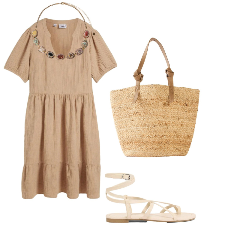 Outfit donna - Total look #2431119. Stile Casual per Tutti i giorni. Abbinamento con vestiti, shopping bag, sandali, collane.