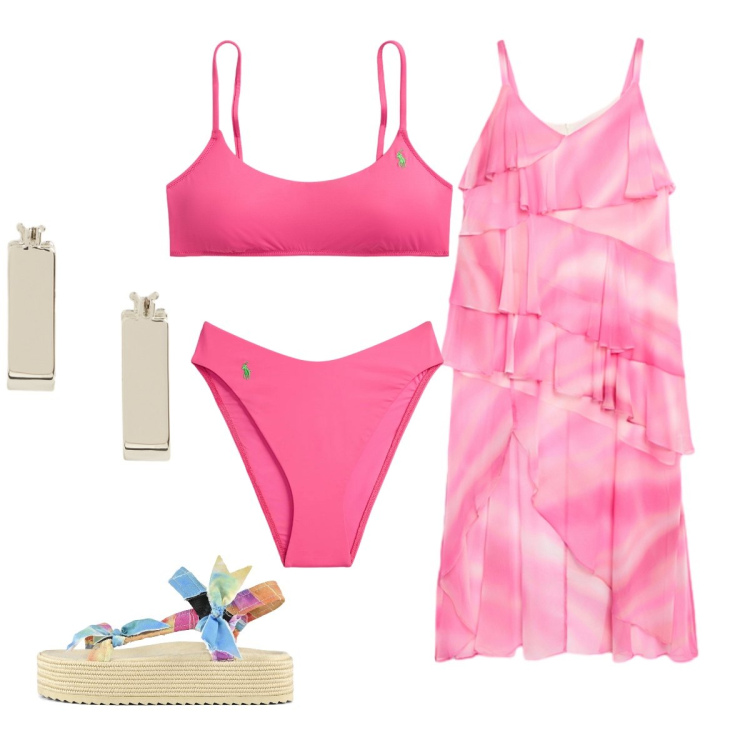 Outfit donna - Proposta beachwear. Stile Glamour per Mare. Abbinamento con vestiti lunghi, orecchini, bikini, bikini, sandali.