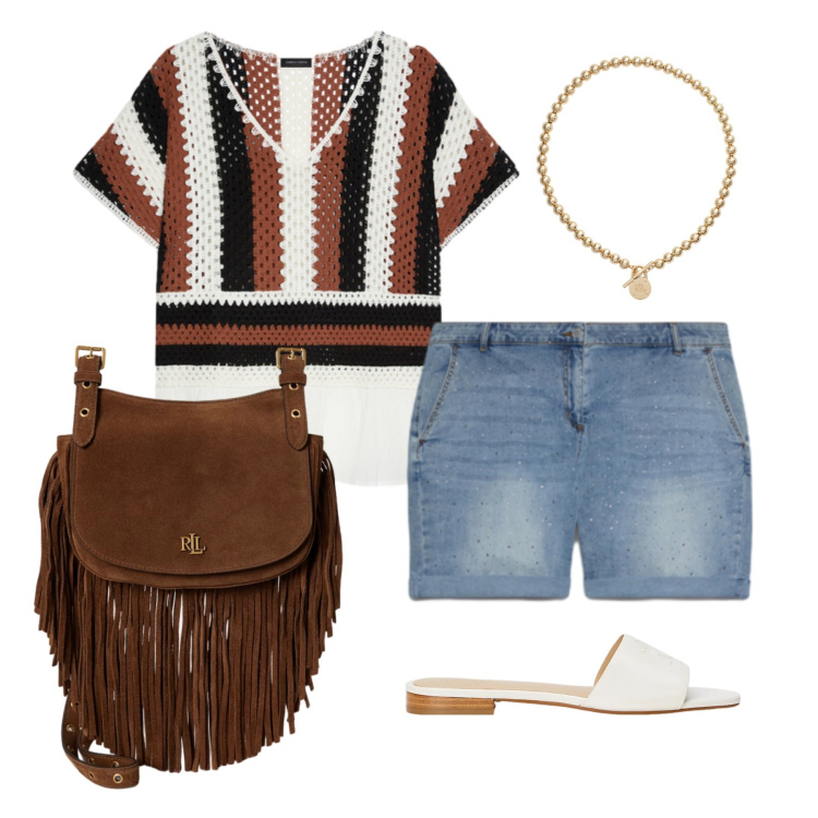 Outfit donna - Luglio. Stile Casual chic per Tutti i giorni. Abbinamento con t-shirt, shorts, collane, ciabatte, borse a tracolla.