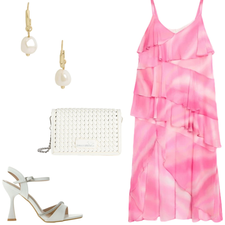 Outfit donna - Abiti fluidi d\'estate. Stile Chic per Cerimonia. Abbinamento con borse a tracolla, vestiti lunghi, orecchini, sandali gioiello.