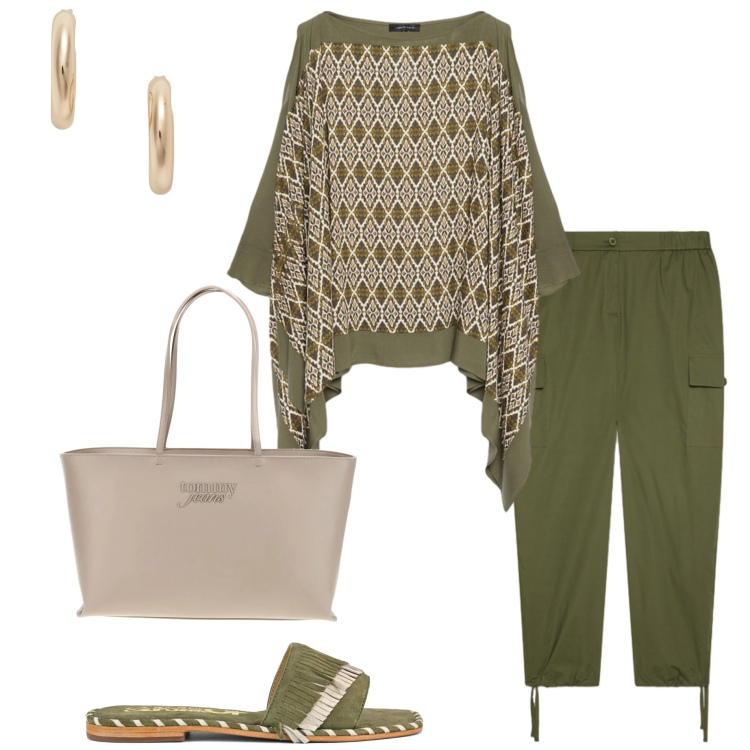 Outfit donna - Fiorella Rubino. Stile Casual chic per Tutti i giorni. Abbinamento con bluse, pantaloni cargo, orecchini, ciabatte, borse a spalla.
