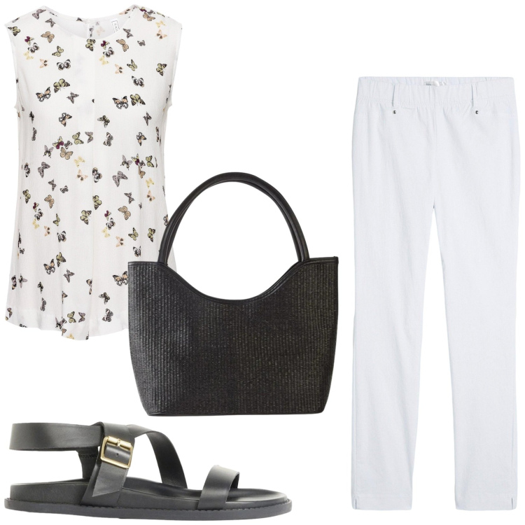 Outfit donna - Il top romantico. Stile Casual chic per Tutti i giorni. Abbinamento con canottiere, pantaloni, shopping bag, sandali.