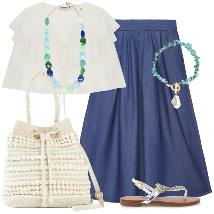 Outfit donna - Total look #2431249. Stile Casual chic per Tutti i giorni. Abbinamento con borse a secchiello, gonne lunghe, braccialetti, top, collane, sandali gioiello.