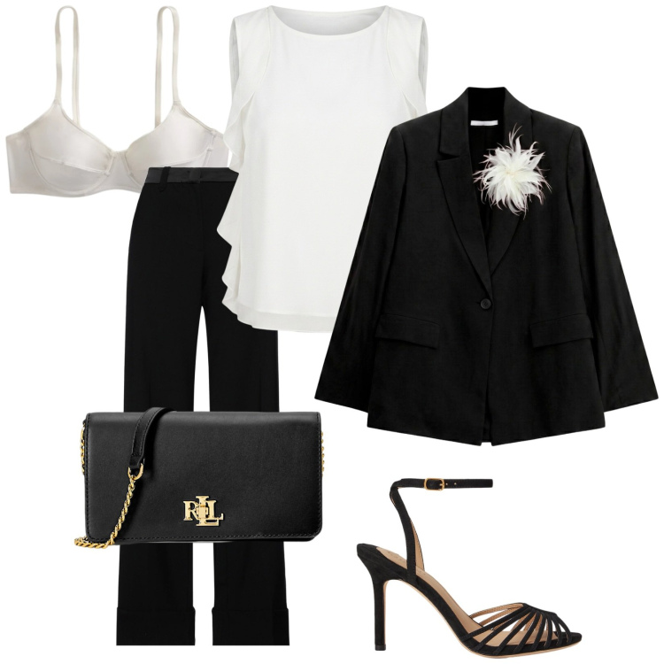 Outfit donna - A teatro. Stile Chic per Serata fuori. Abbinamento con pantaloni, blazer, top, sandali col tacco, reggiseni, borse a mano.
