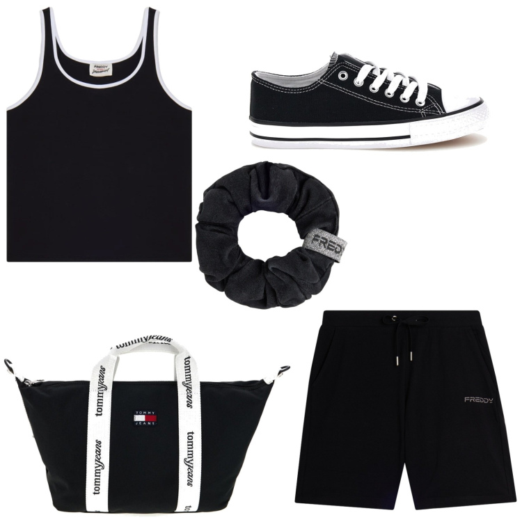 Outfit donna - In palestra. Stile Casual per Sport. Abbinamento con accessori per capelli, canottiere, pantaloni corti, shopping bag, sneakers.