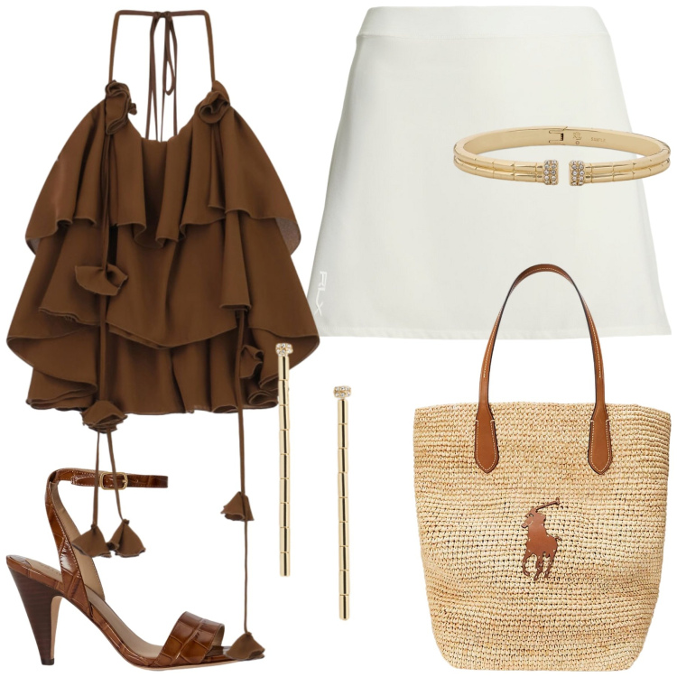 Outfit donna - Total look #2431254. Stile Chic per Serata fuori. Abbinamento con top, minigonne, braccialetti, orecchini, sandali in pelle, borse tote.