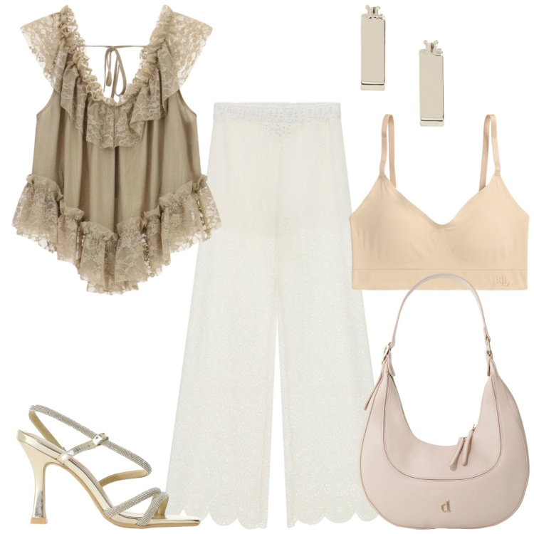 Outfit donna - Please - Summer Freedom. Stile Glamour per Cerimonia. Abbinamento con pantaloni a palazzo, top, borse a tracolla, sandali col tacco, reggiseni, orecchini.