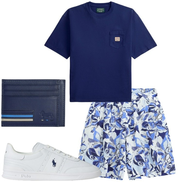 Outfit uomo - Saldi. Stile Casual per Tutti i giorni. Abbinamento con portafogli, t-shirt, sneakers, bermuda.