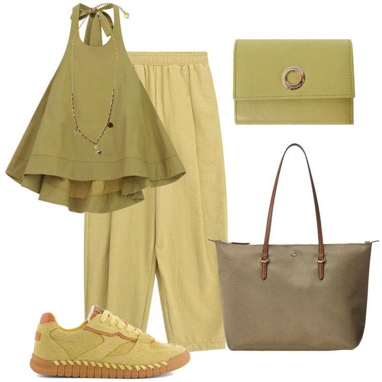 Outfit donna - Total look #2431258. Stile Urban per Tutti i giorni. Abbinamento con pantaloni a palazzo, top, portafogli, ciondoli, borse tote, sneakers.
