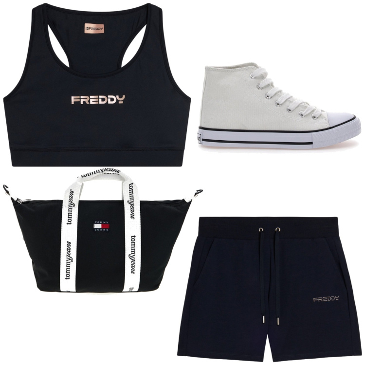 Outfit donna - In palestra. Stile Casual per Sport. Abbinamento con top, pantaloni corti, sneakers, shopping bag.