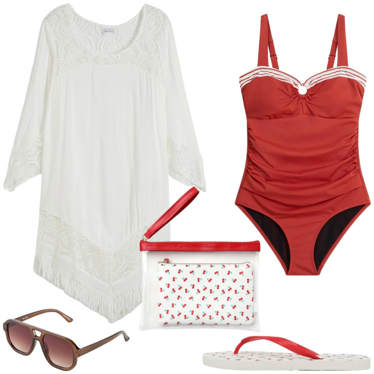 Outfit donna - Total look #2431264. Stile Basic per Mare. Abbinamento con vestiti da spiaggia, costumi interi, occhiali da sole, infradito, pochette.