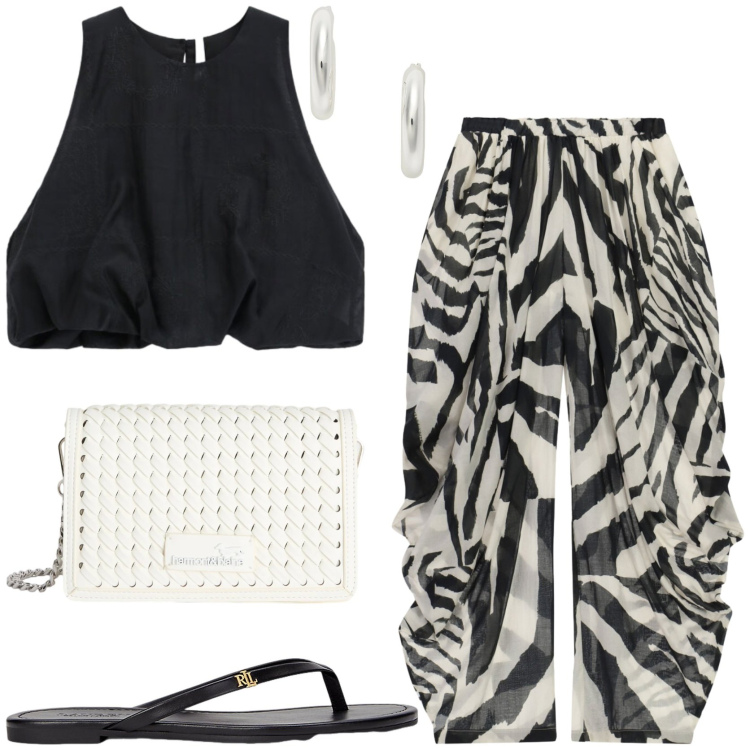 Outfit donna - Trendy. Stile Trendy per Tutti i giorni. Abbinamento con borse a tracolla, ciabatte, orecchini, pantaloni, top.