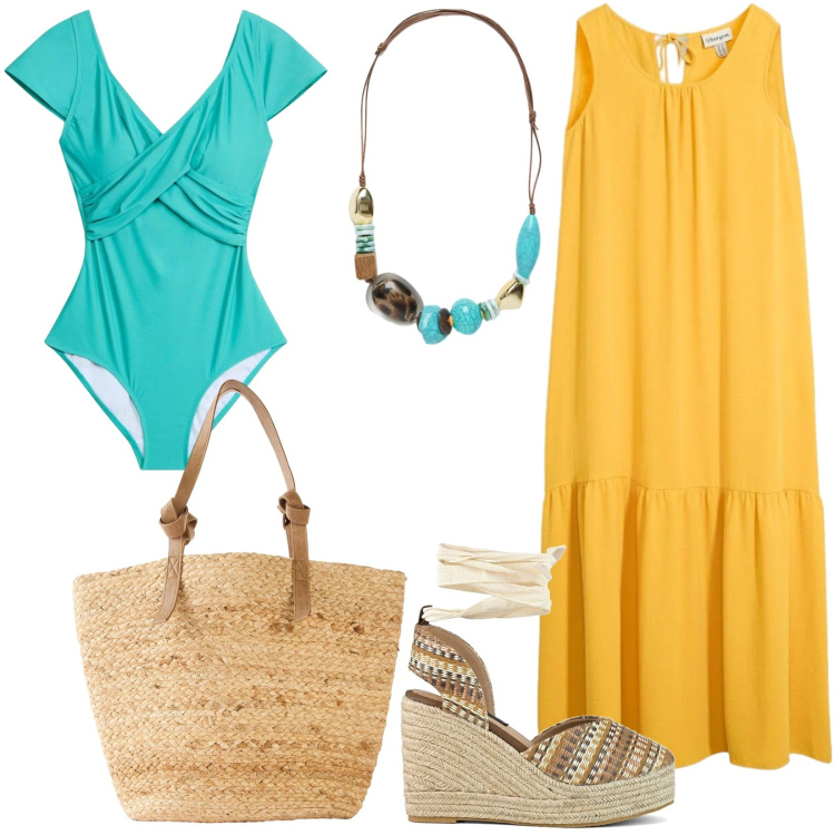 Outfit donna - Vacanze al mare. Stile Etnico per Mare. Abbinamento con vestiti lunghi, costumi interi, shopping bag, collane, zeppe.