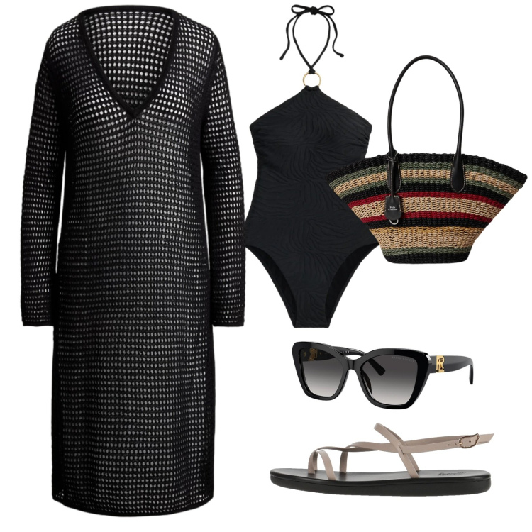 Outfit donna - Copricostume all\' uncinetto. Stile Casual chic per Mare. Abbinamento con infradito, costumi interi, vestiti da spiaggia, occhiali da sole, borse tote.